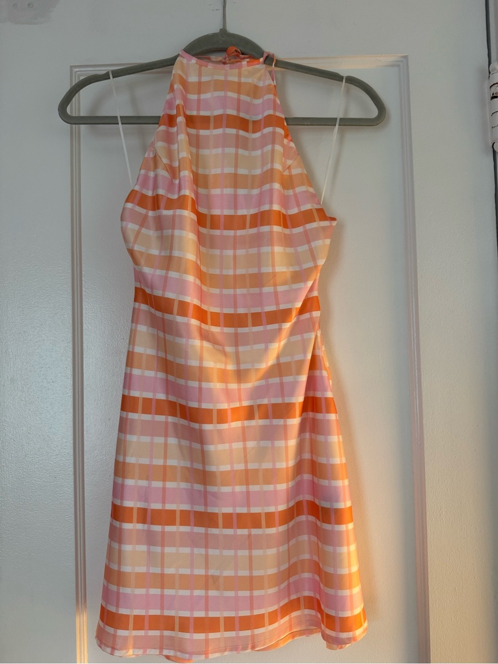 Sleeveless Halter Mini Dress in Orange and Pink Plaid
